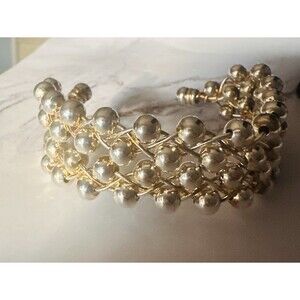 Vintage Gold Tone Beaded Cuff Bracelet Wide Wire Wrap Ball Cluster Boho